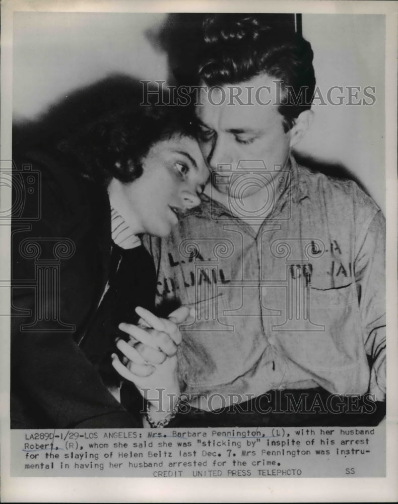 1952 Press Photo LA Calif Mrs Barb Pennington &amp; hubby Robert in jail-Historic Images