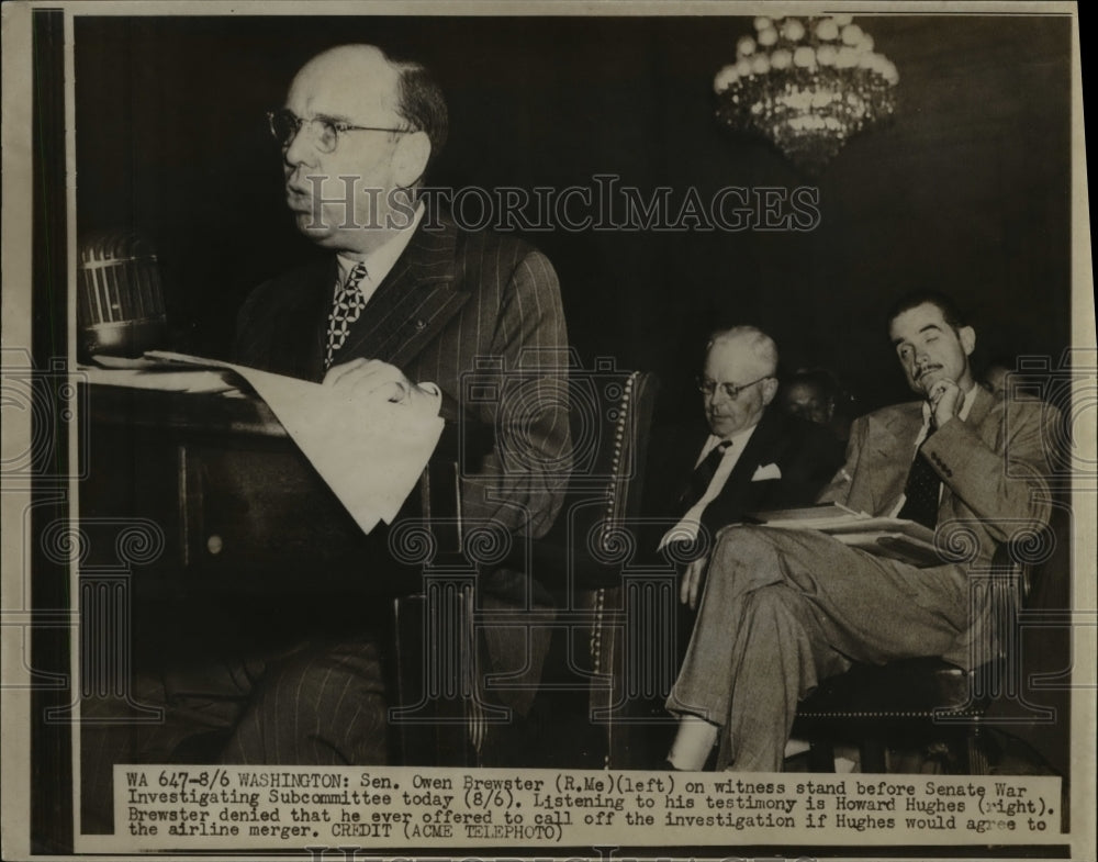 1947 Press Photo of Sen. Owen Brewster R-ME testifying before Senate War - Historic Images