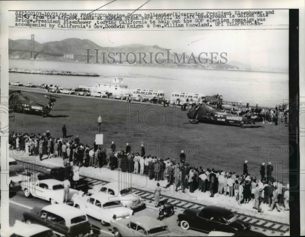 1958 Press Photo Pres Eisenhower Lands at San Francisco Marine Base inHelicopter - Historic Images