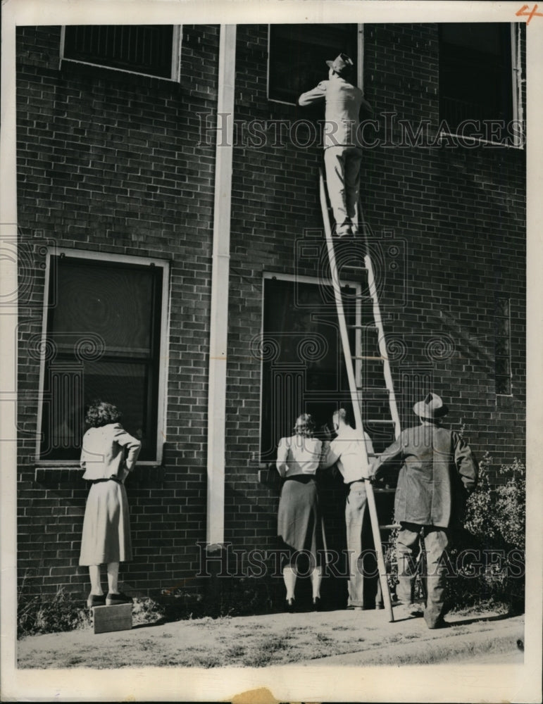 1949 Father Visits Polio Patient Son Climbing Ladder to Window, Iowa - Historic Images