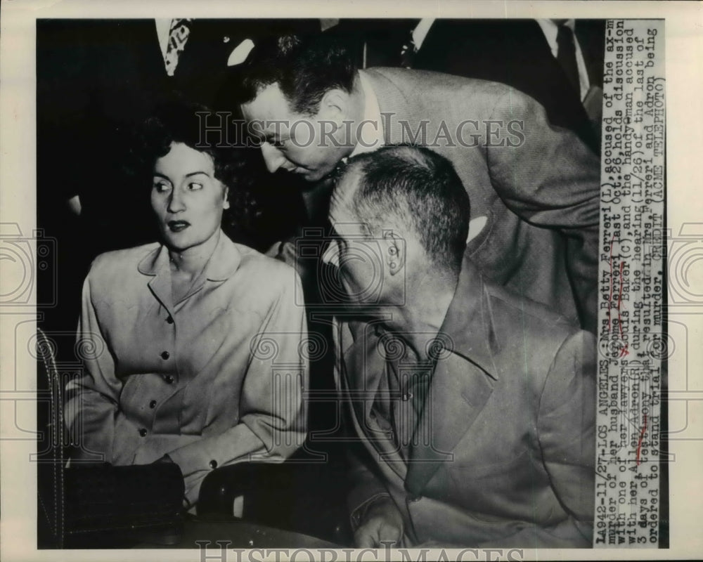 1948 Press Photo Mrs. Betty Ferreri, Allen Adron &amp; Lawyer Louis Baker at Trial-Historic Images