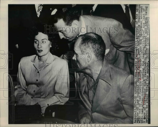 1948 Press Photo Mrs. Betty Ferreri, Allen Adron & Lawyer Louis Baker at Trial-Historic Images