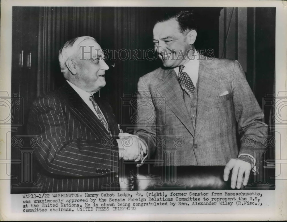 1953 Press Photo Wash DC Henry Cabot Lodge ex Mass Senator, Sen Alex Wiley Wisc-Historic Images