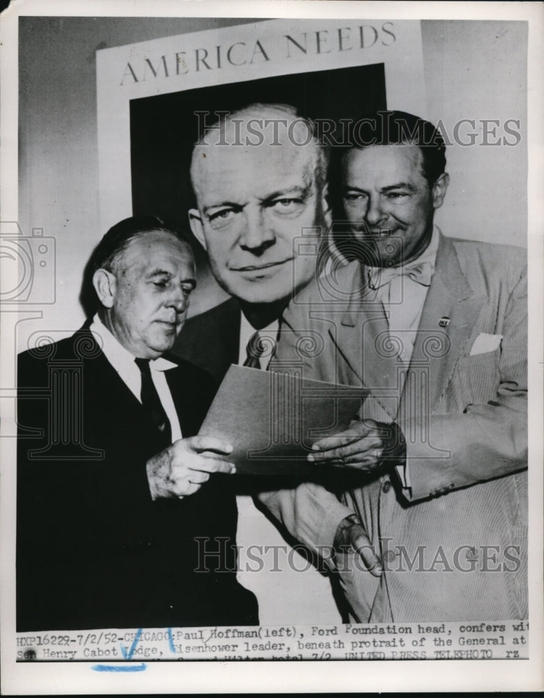 1952 Press Photo Paul Hoffman Ford Foundation head &amp; Henry Cabot Lodge, Chicago - Historic Images