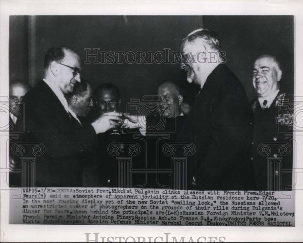 1955 Press Photo Nikolai Pulganin soviet Premier and French Premier Edgar Faure-Historic Images