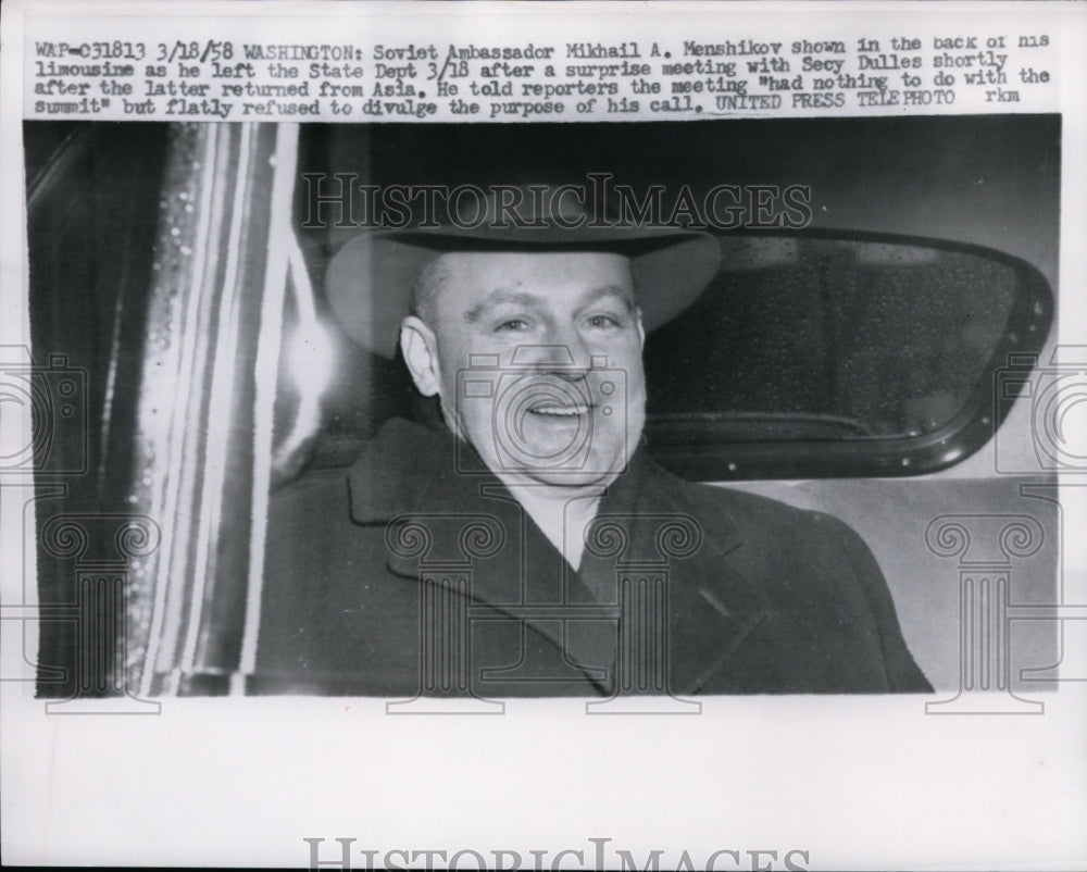 1958 Press Photo Soviet ambassador Mikhail Menshikov in Washington DC-Historic Images