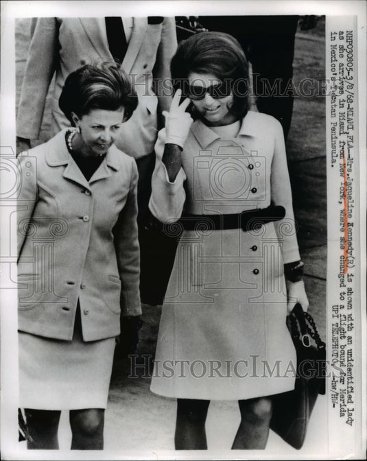 1968 Jacqueline Kennedy arrives at Miami Florida from New York - Historic Images