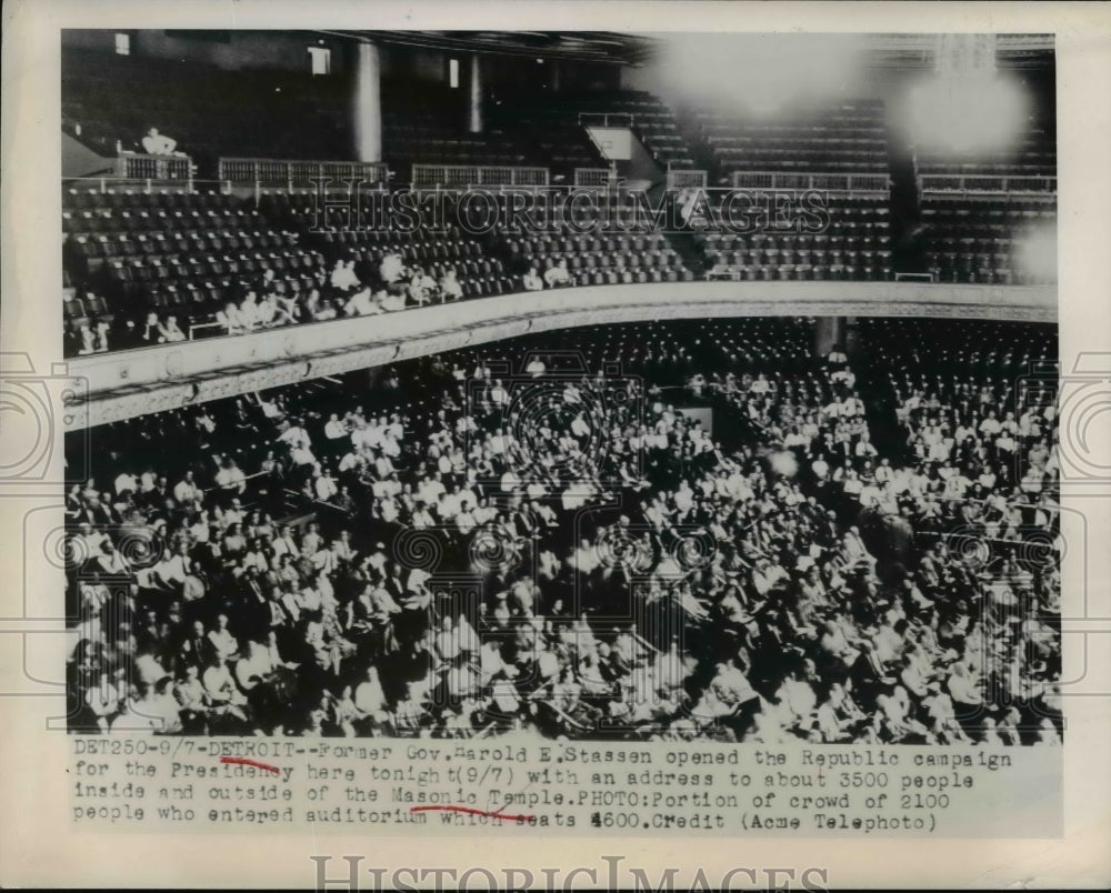 1948 Press Photo Harold E. Stassen address to people of the Masonic Temple-Historic Images