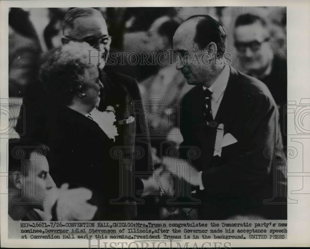 1952 Press Photo Mrs. Harry Truman congratulate Gov. Adlai Stevenson of Illinois - Historic Images