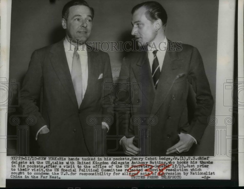 1954 Press Photo Henry Cabot Lodge Jr. U.S Delegate at UN and Anthony Nutting - Historic Images