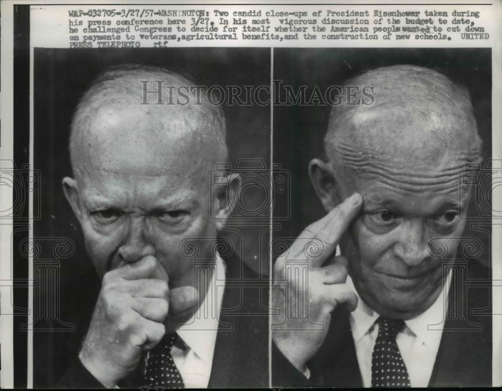 1957 Press Photo Candid close up of Pres.Eisenhower during press conference-Historic Images