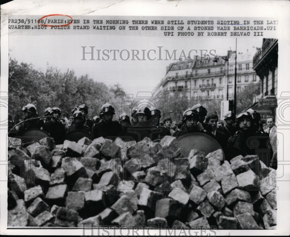 1968 Police stand behind barricade waiting for student protesters-Historic Images