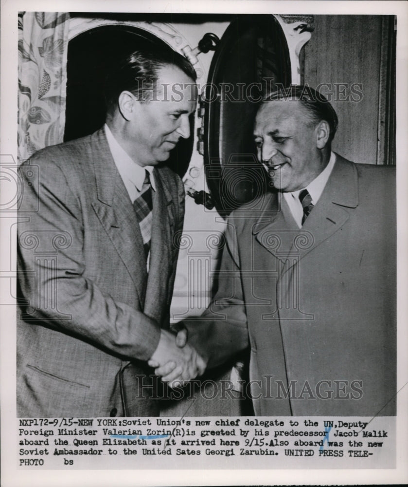 1952 New Soviet UN Delegate Valerian Zorin greeted by predecessor - Historic Images