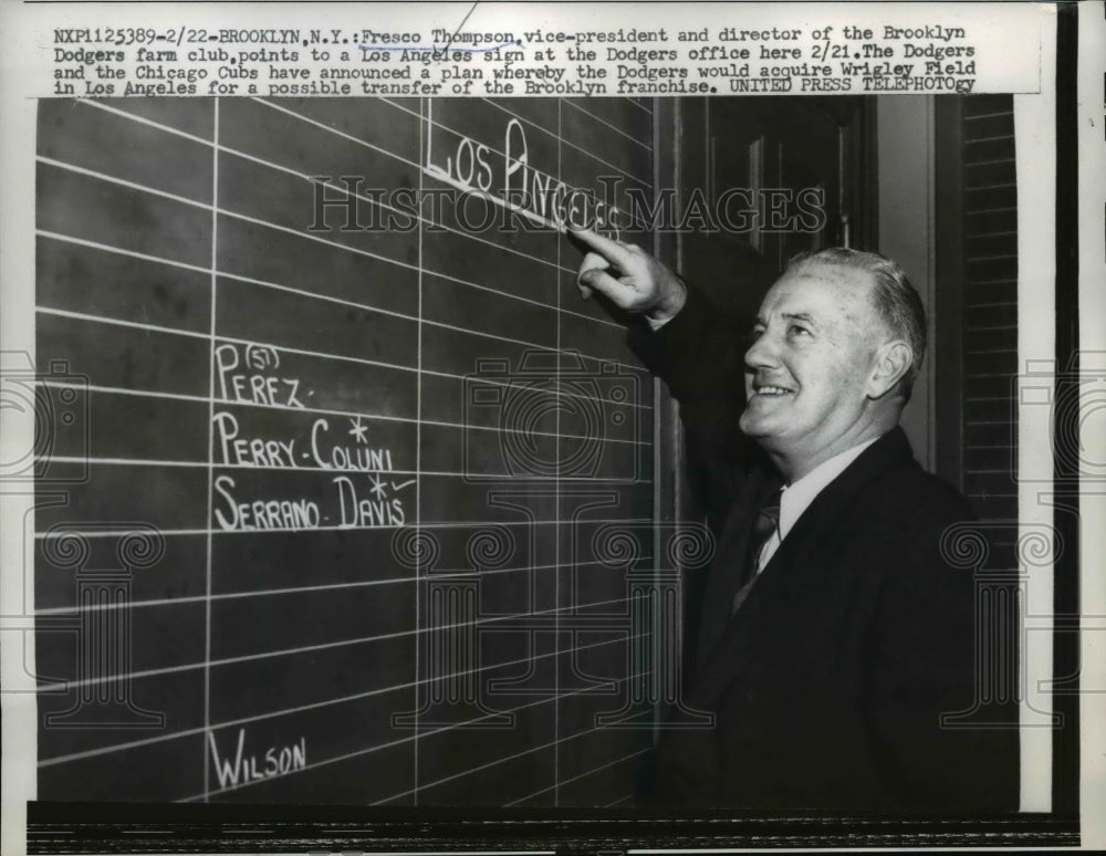 1957 Press Photo Fresco Thompson VP &amp; Director of Brooklyn Dodgers farm club- Historic Images