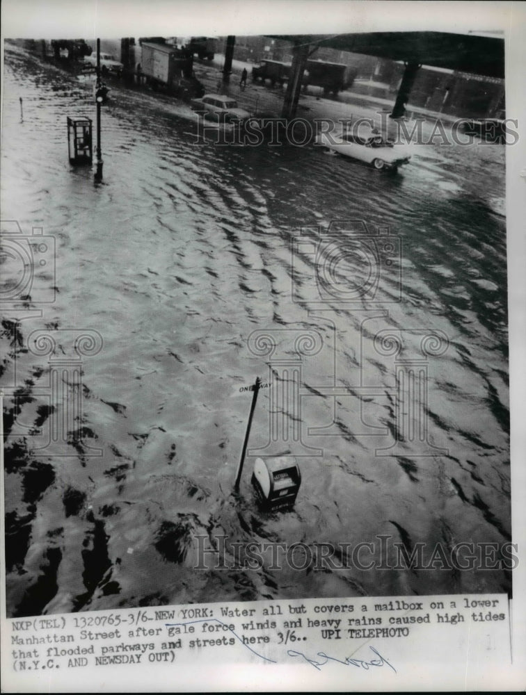 1962 Press Photo Water all but covers mailbox on Manhattan street - nef03332 - Historic Images