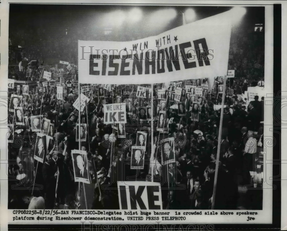 1956 Press Photo Delegates Hold Giant Eisenhower Banner at Republican Convention - Historic Images