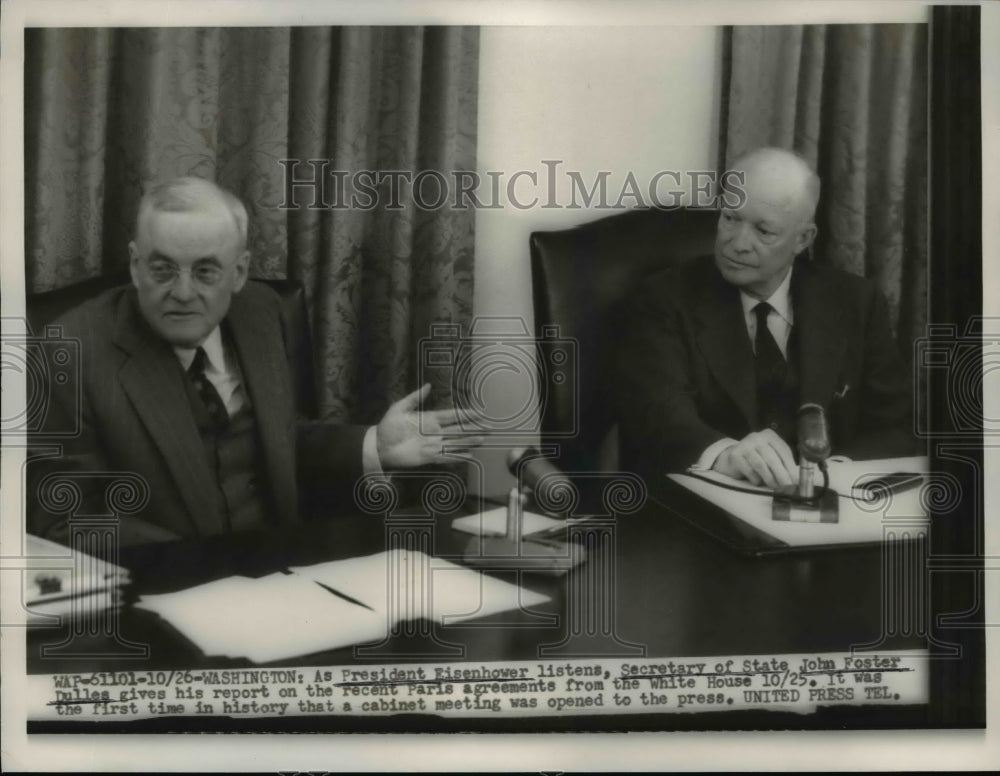 1954 Press Photo President Eisenhower, John Foster Dulles During Cabinet Meeting - Historic Images