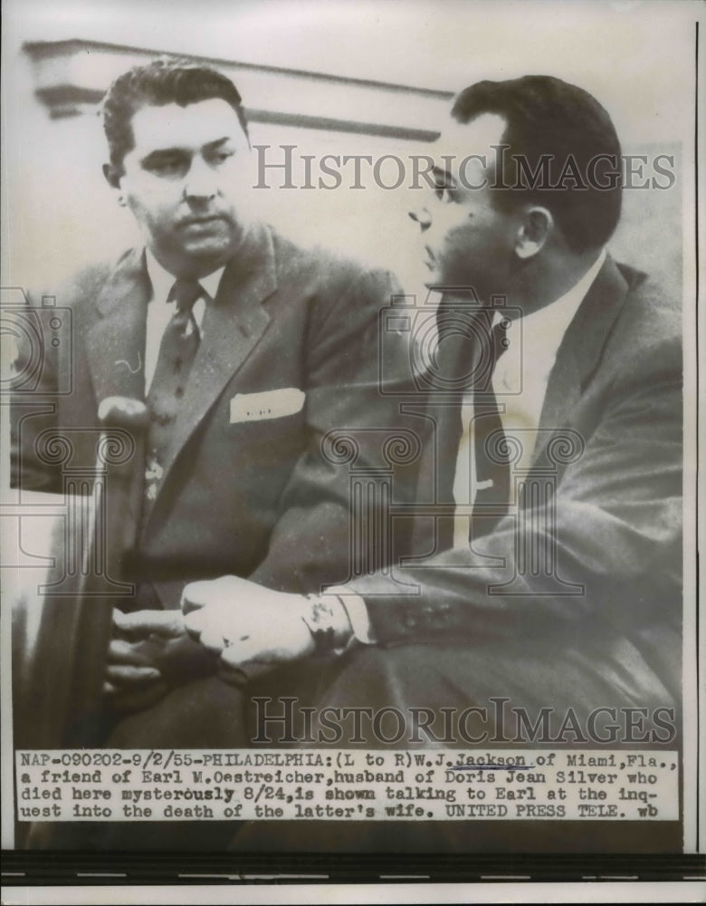 1955 Press Photo W.J. Jackson, Earl M. Osetreicher at His Wife's Death Inquest - Historic Images