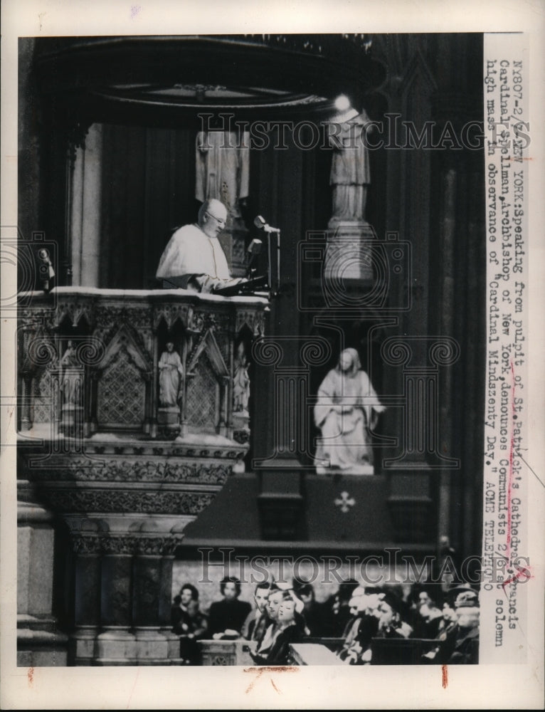 1949 Press Photo Cardinal Spellman Denounce Communists In Mass On Mindszenty Day - Historic Images