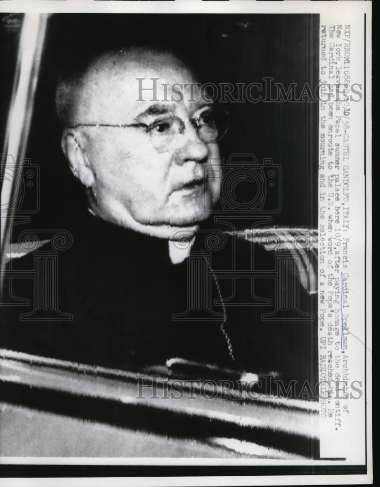 1958 Press Photo Francis Cardinal Spellman,leaves Papal Summer Palace in Italy - Historic Images