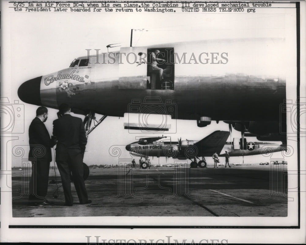 1957 Press Photo Columbine III Had Mechanical Issues Pres Returns in Air Force - Historic Images