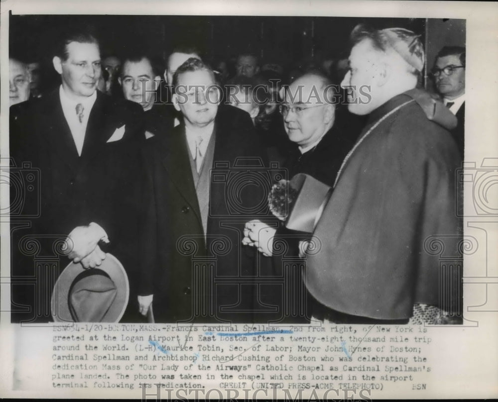 1952 Press Photo Francis Cardinal Spellman greeted at the Logan Airport - Historic Images