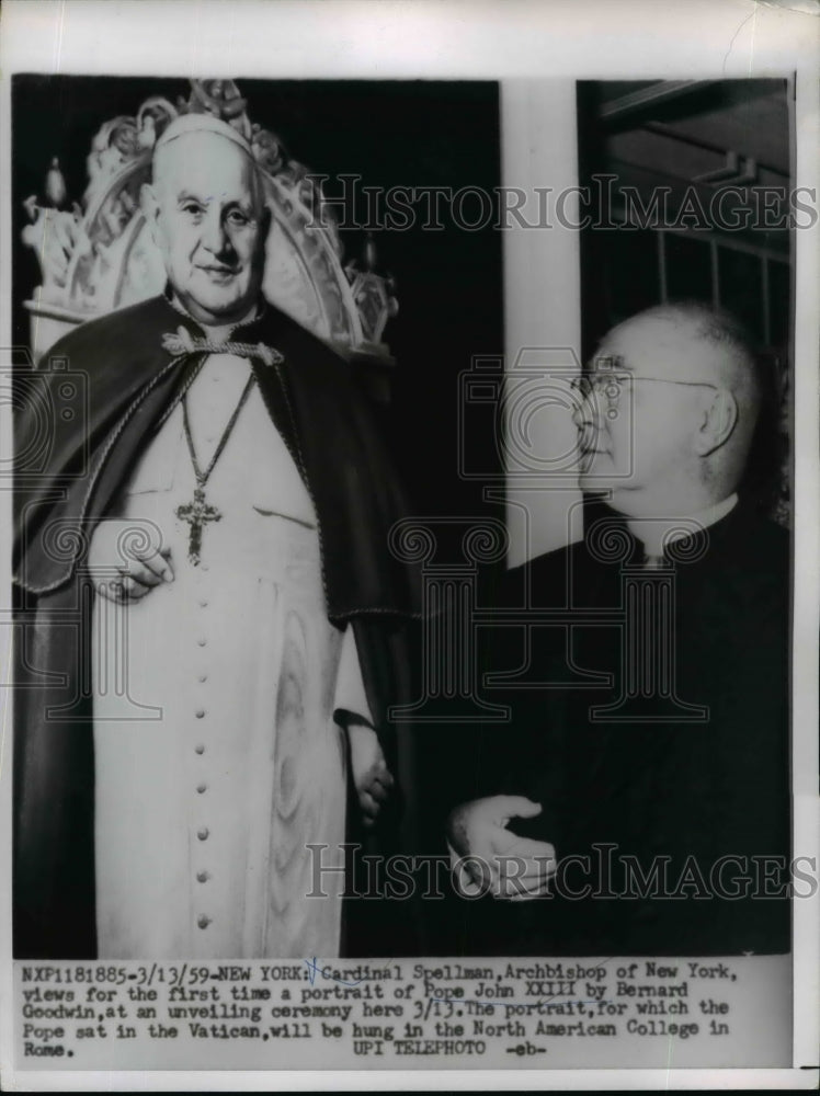 1956 Press Photo Cardinal Spellman Views a Portrait of Pope John XXIII - Historic Images