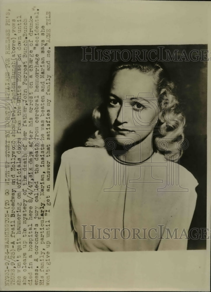 1947 Press Photo Marion Bunch Vows to Find Mystery of Her Father's Death-Historic Images