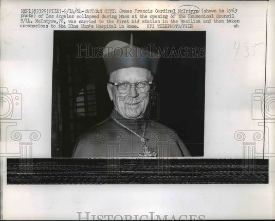 1964 Press Photo Cardinal McIntyre Collapsed During Mass Taken To Rome Hospital - Historic Images