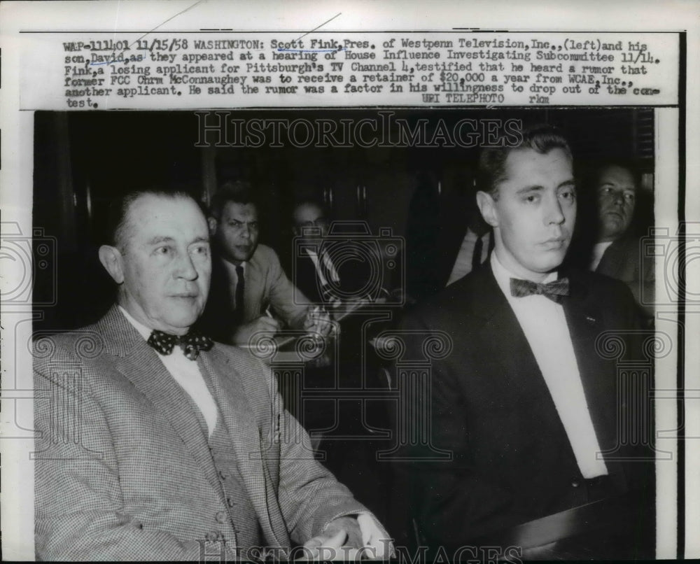 1958 Press Photo Scott Fink & Son David at U.S. House Influence Hearing - Historic Images