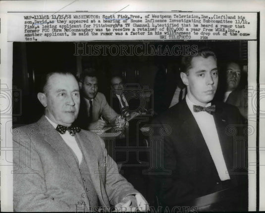 1958 Press Photo Scott Fink & Son David at U.S. House Influence Hearing - Historic Images