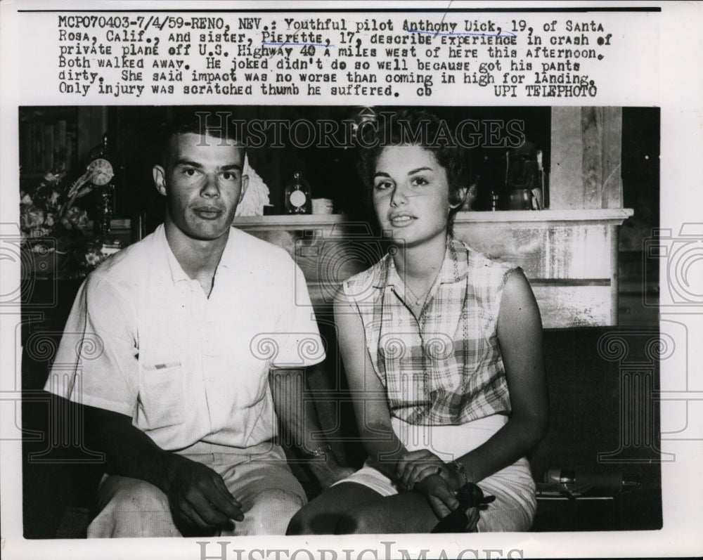 1959 Press Photo Pilot Anthony dick & Sister Pierette After Plane Crash in Reno - Historic Images