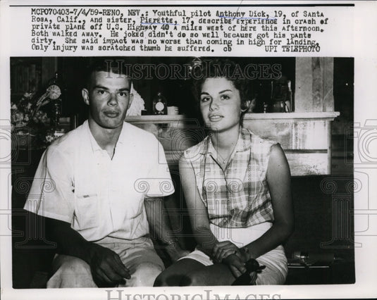 1959 Press Photo Pilot Anthony dick & Sister Pierette After Plane Crash in Reno - Historic Images