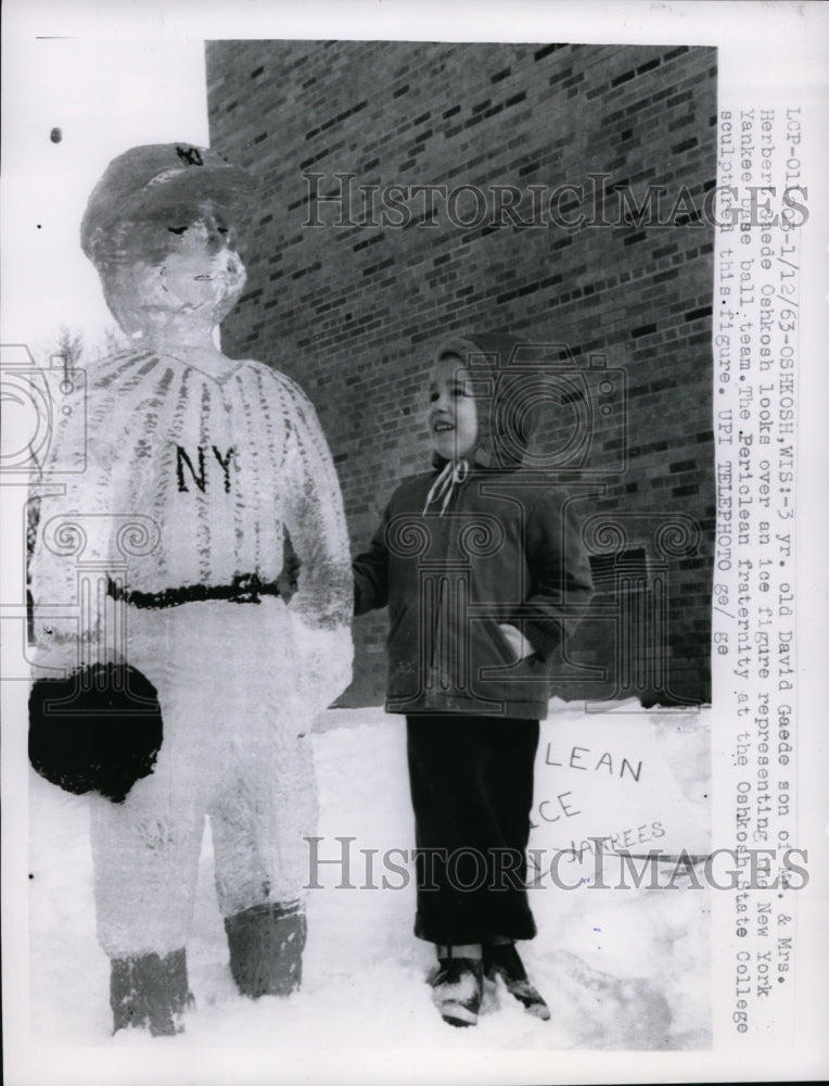 1963 David Gaede of Oshkosh, Wisconsin with Yankee Baseball Snowman - Historic Images