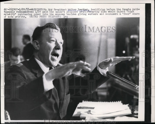 1958 Press Photo Walter Reuther at Senate Anti-Monopoly Committee Hearing - Historic Images