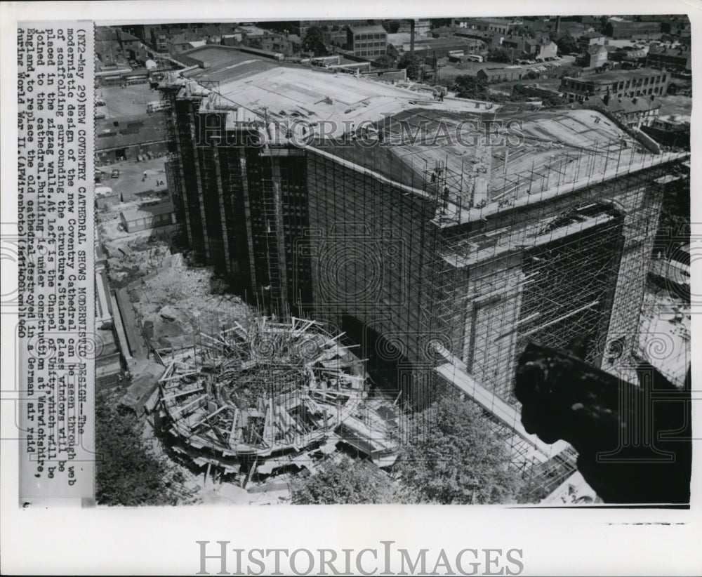 1960 Press Photo Coventry Cathedral, England Modern Design Aerial View - Historic Images