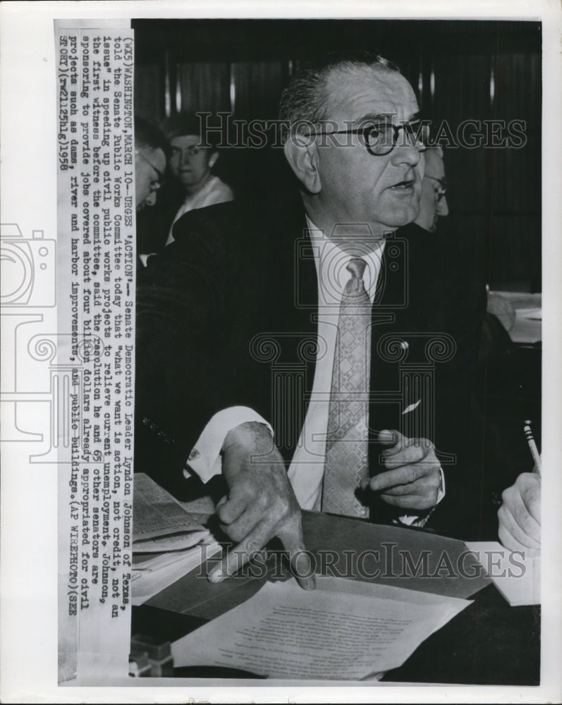 1958 Press Photo Lyndon Johnson appeared at Senate Public Works Committee - Historic Images