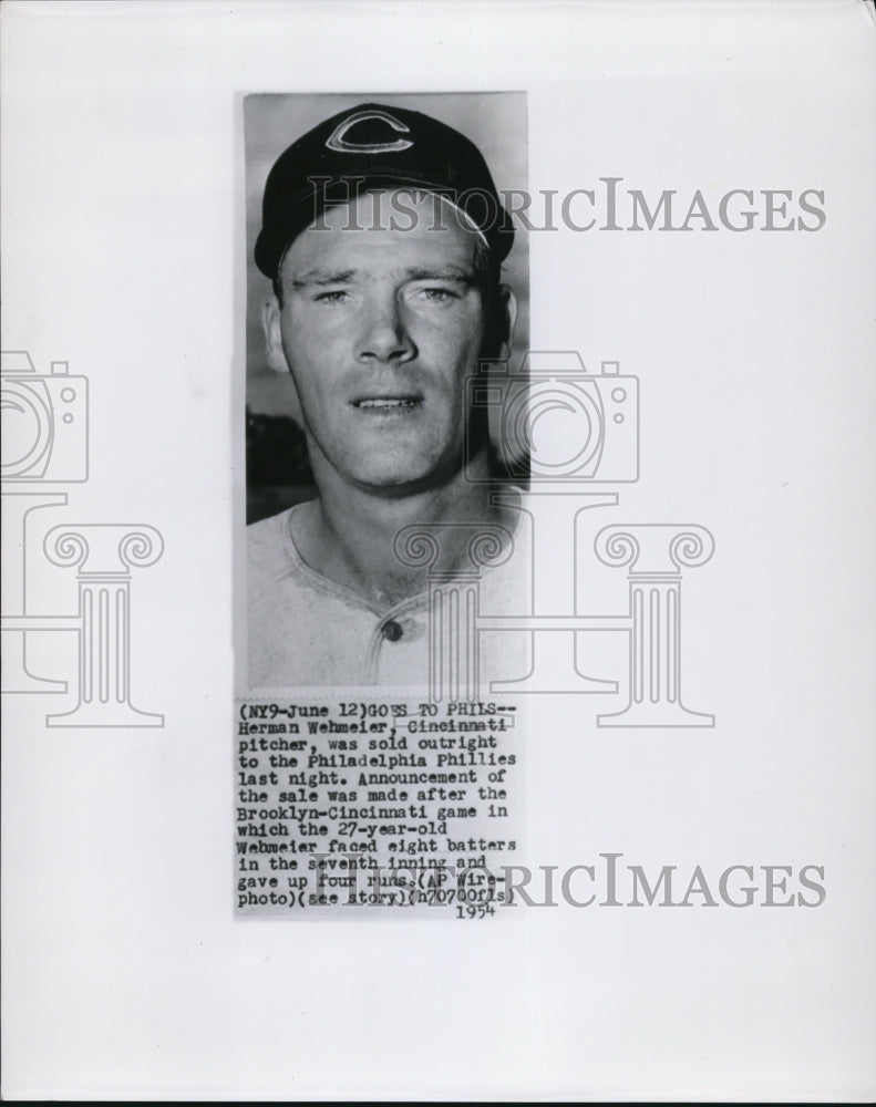 1954 Press Photo Pitcher Herman Wehmeier Sold to Philadelphia Phillies - Historic Images