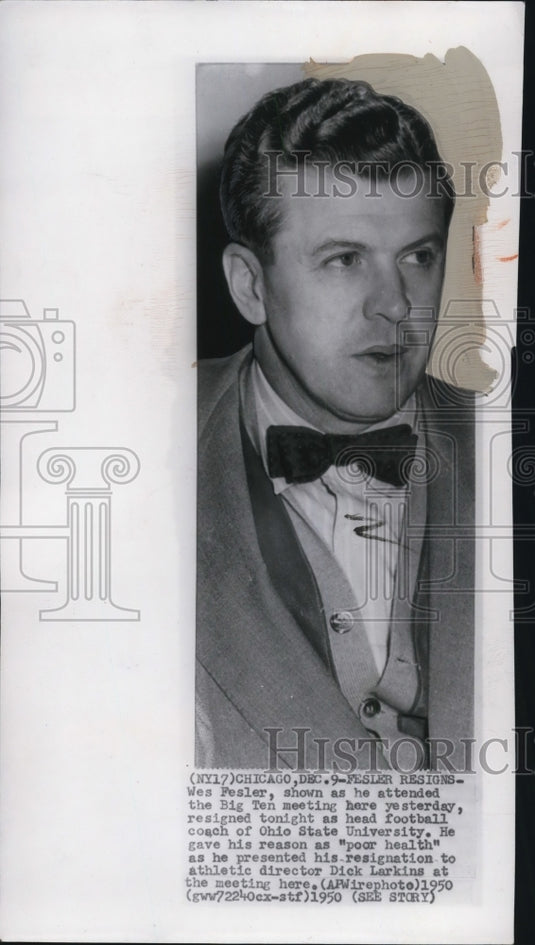 1950 Press Photo Wesley Fesler Resigns as Ohio State Football Coach - nef18677 - Historic Images