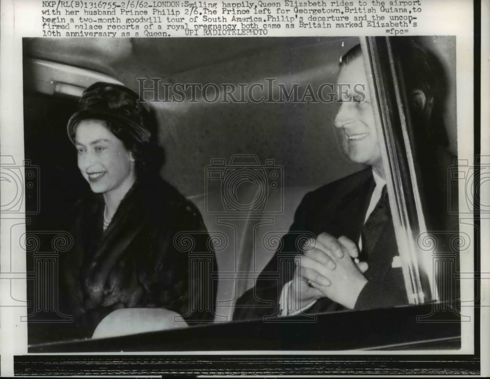 1962 Queen Elizabeth II, Prince Philip in Car, London  - Historic Images