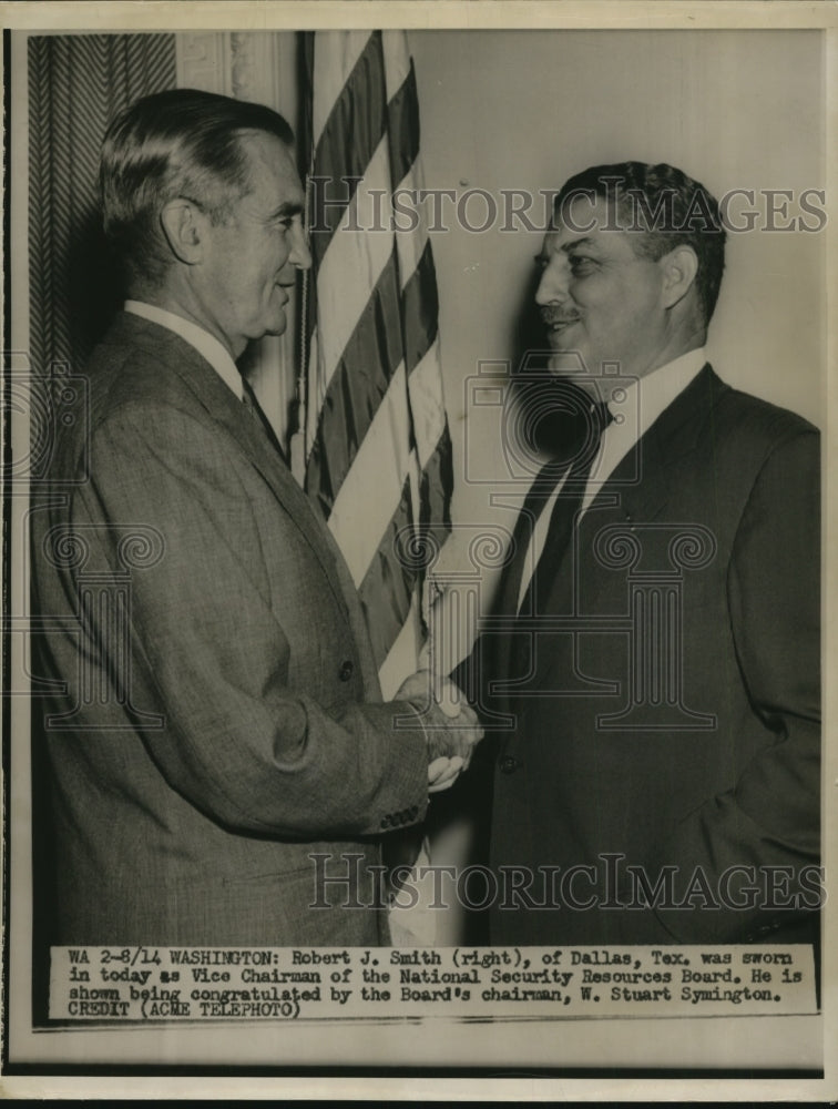 1950 Press Photo Robert J. Smith, W. Stuart Symington Shake Hands in Washington-Historic Images