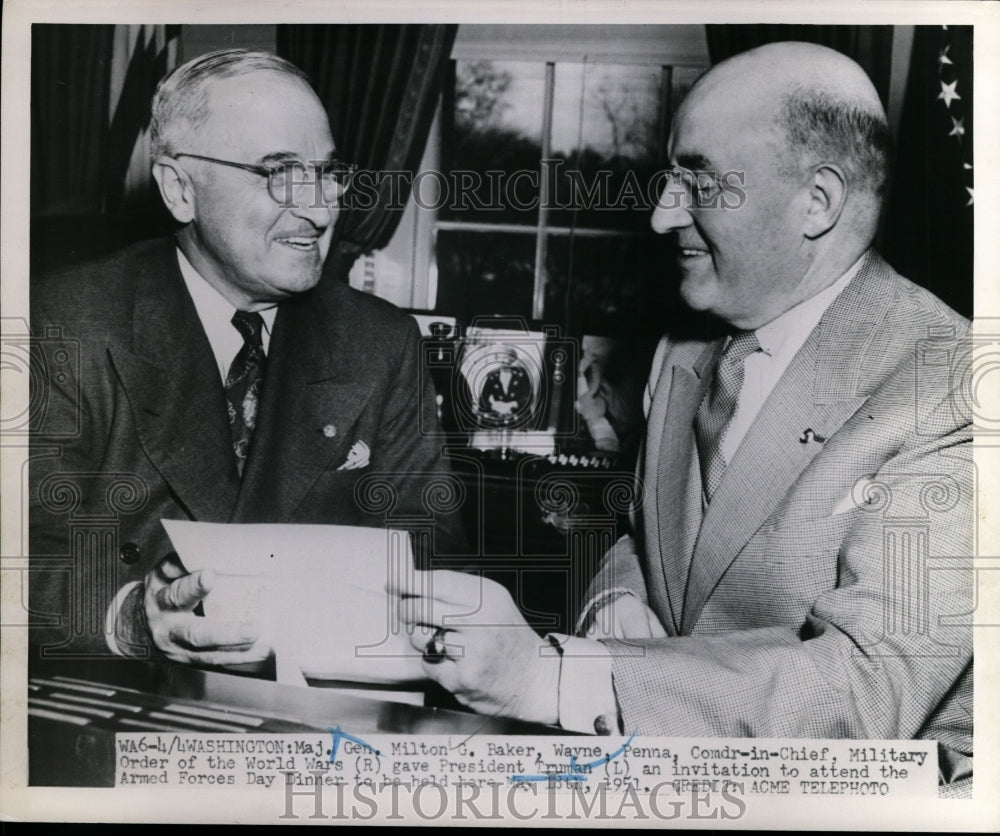 1951 Press Gen Milton G Baker Gave Pres Truman Invitation to Armed Forces Dinner - Historic Images