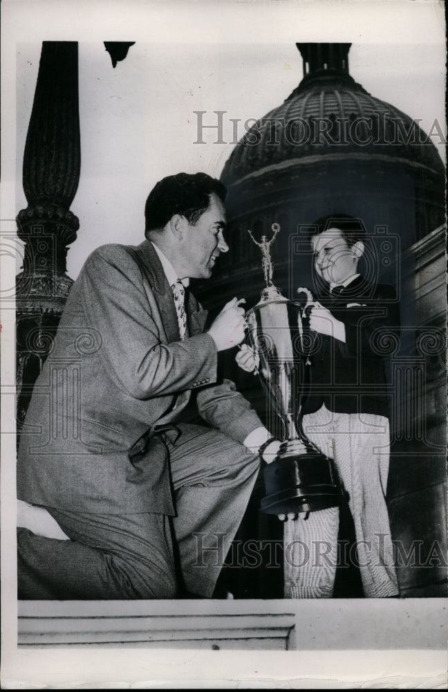 1953 Press Nixon Poses With Jackie Adams & Cup He Received "Kid of the Year" - Historic Images