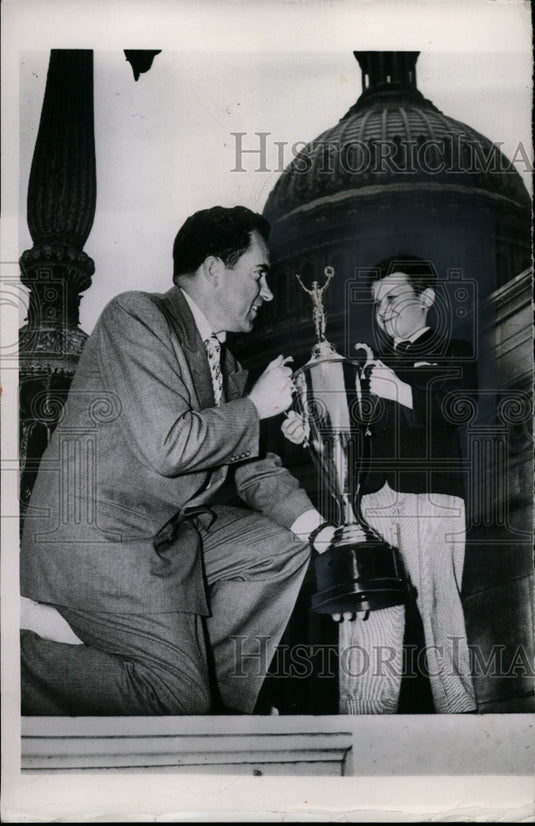 1953 Press Nixon Poses With Jackie Adams & Cup He Received "Kid of the Year" - Historic Images