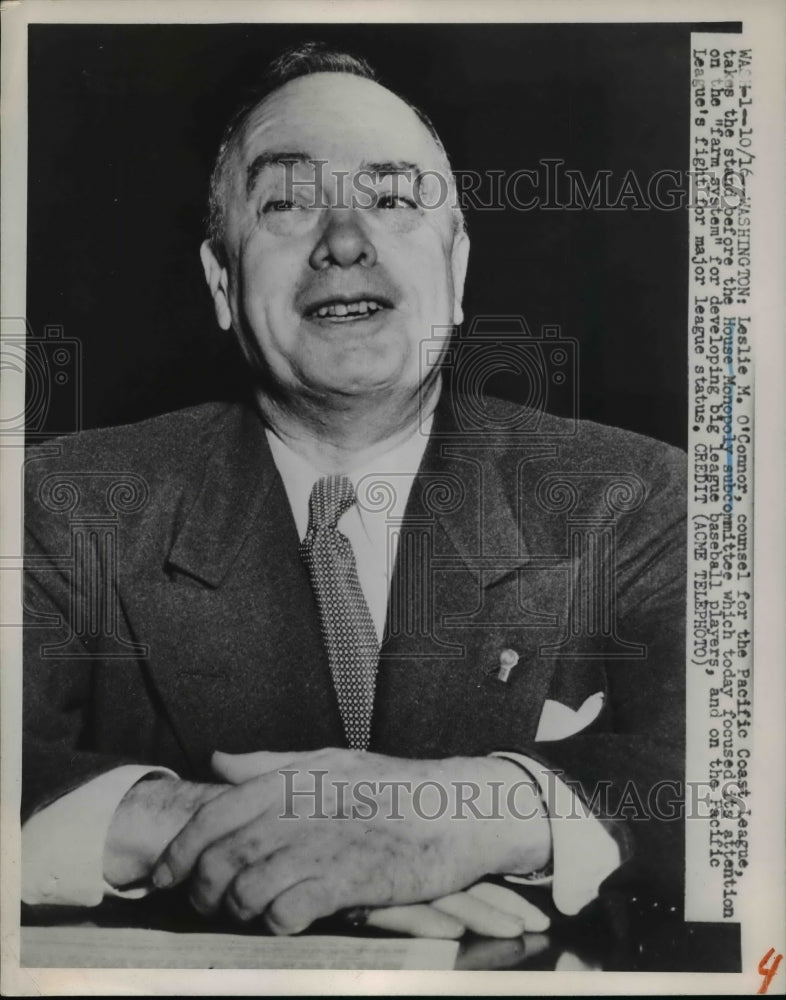 1952 Press Photo Leslie M. O&#39;Connor at House Monopoly Subcommittee Hearing- Historic Images