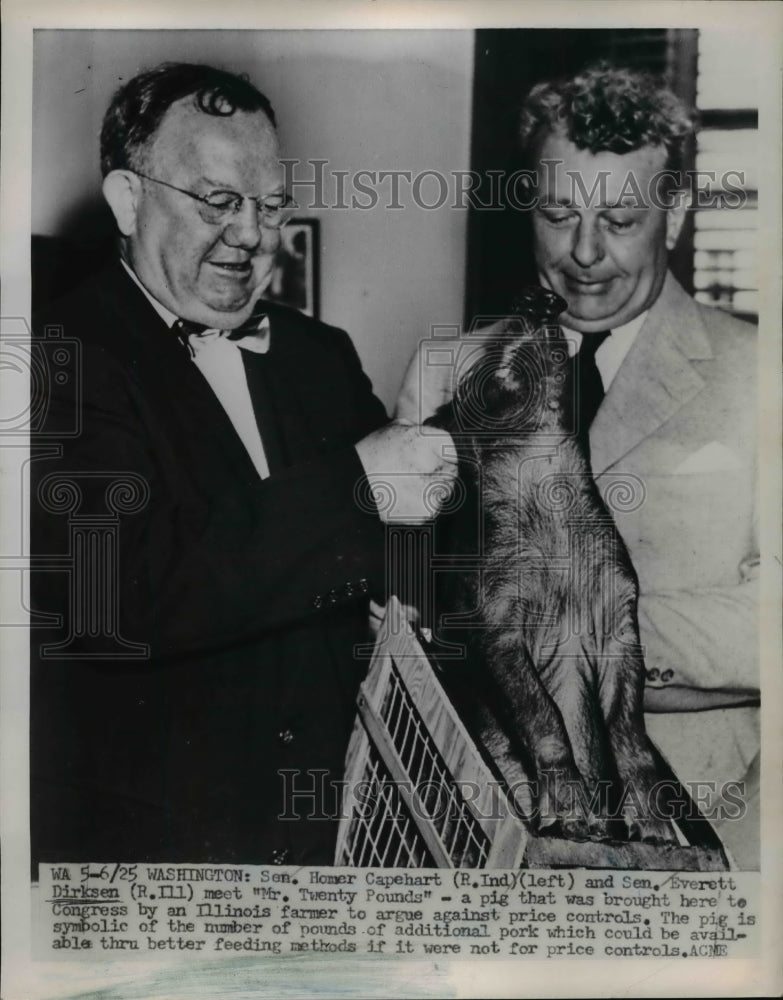 1951 Press Photo Homer Capehart, Everett Dirksen meet &quot;Mr. Twenty Pounds&quot;-Historic Images