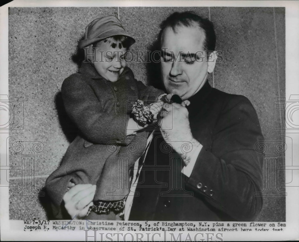 1954 Press Photo Senator Joseph McCarthy Receives Flower from Christine Peterson-Historic Images