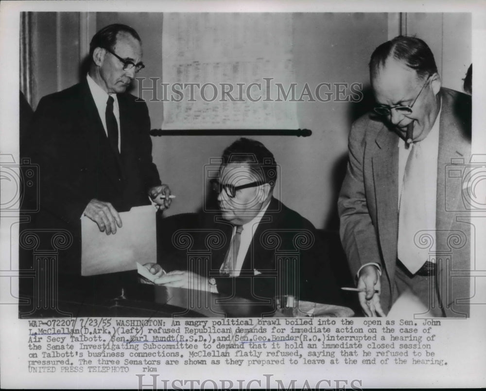 1955 Press Photo John McClellan, Kalr Mundt, Geo Bender in Senate Investigation-Historic Images