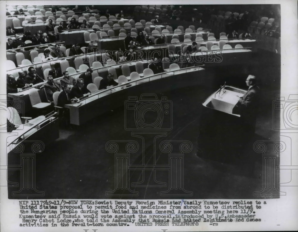 1956 Press Photo Vasily Kuznetsov of Russia Replies to US Aid Proposal, UN - Historic Images