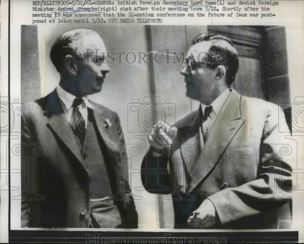 1961 Press Photo Lord Home &amp; Andrei Gromyko Chat After Their Meeting Here 5/12-Historic Images